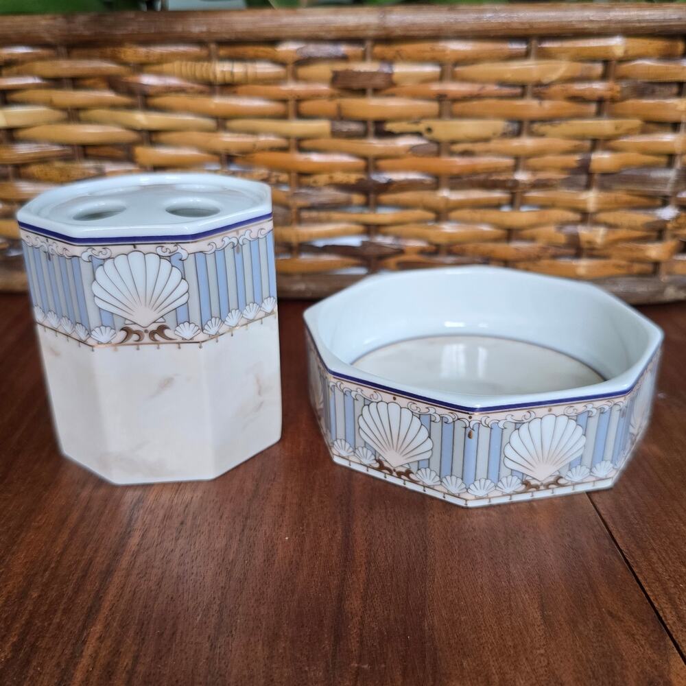 Vintage Andre Richard St Tropez Soap Dish Toothbrush Holder Marble Stripe Shells